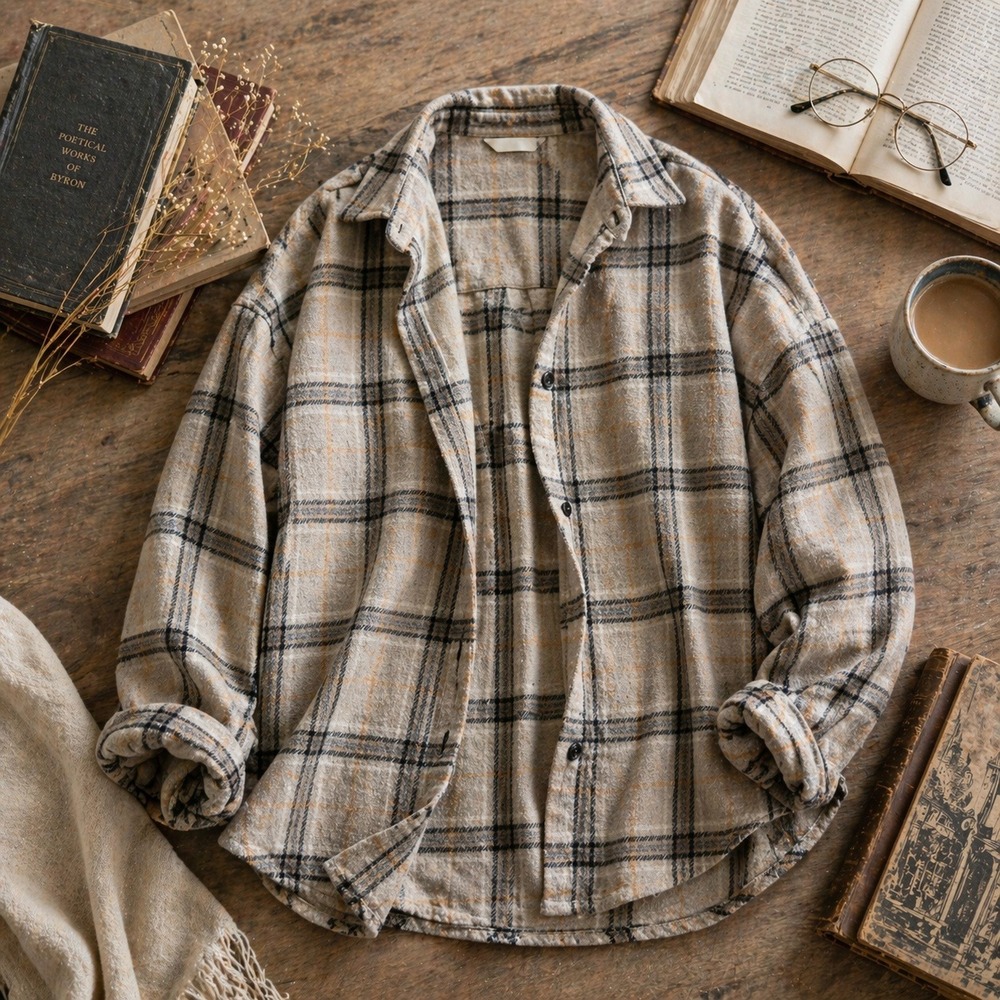 Plaid Wool Blend Button‎ Up Shacket Oversized Beige Tan Black Normcore Size XL